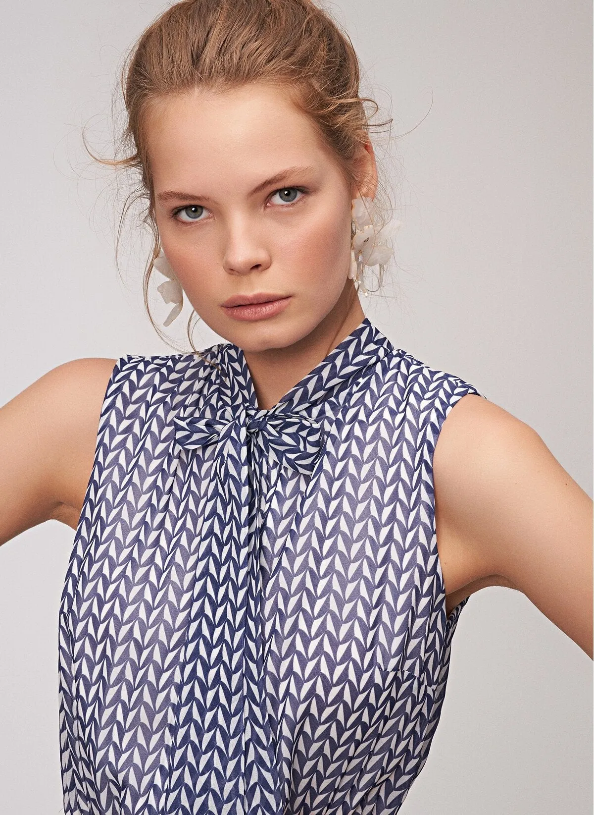 12872 Ecru-Blue Patterned Dress