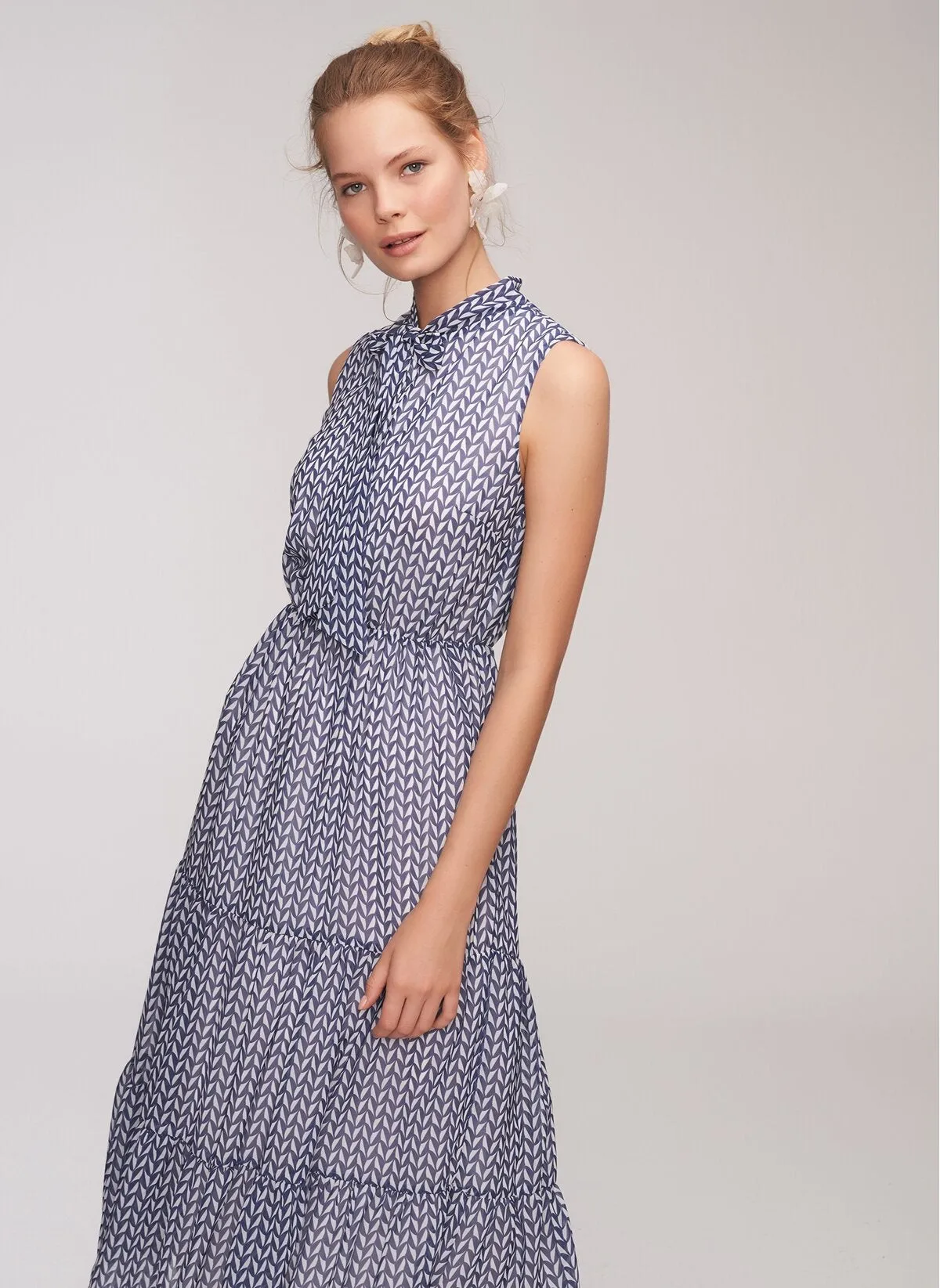 12872 Ecru-Blue Patterned Dress