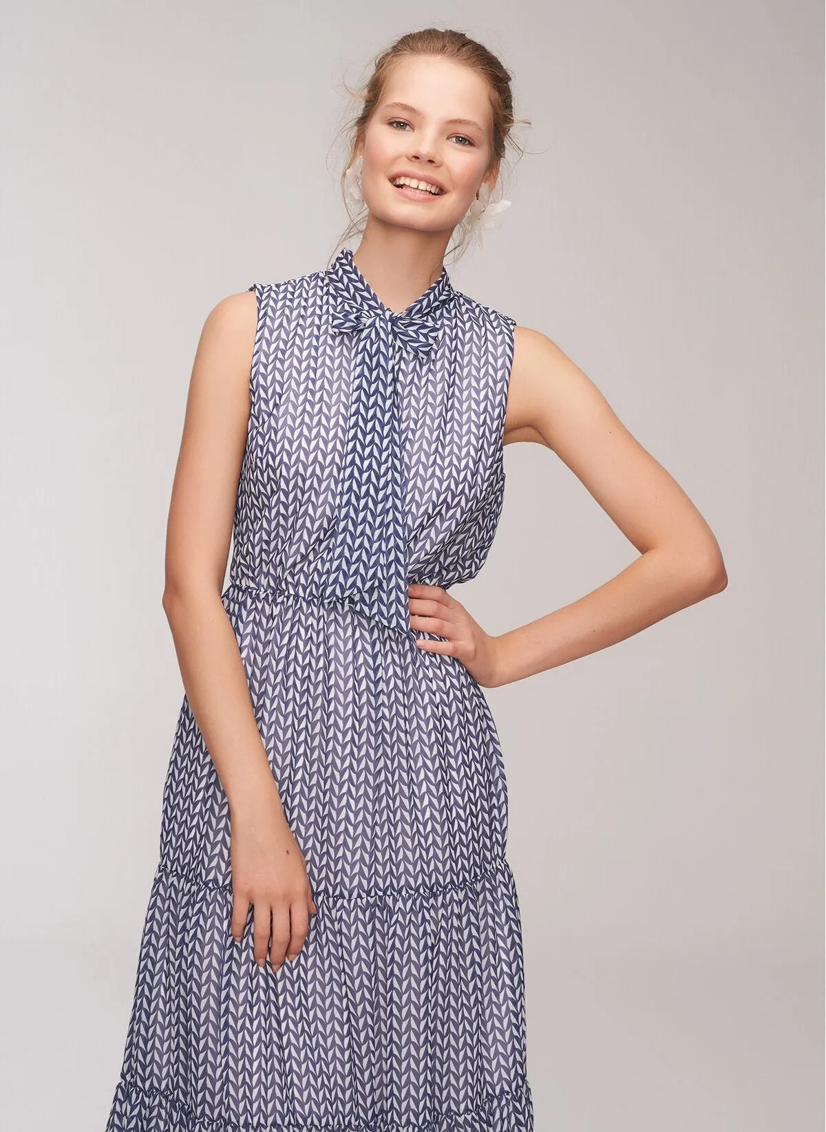 12872 Ecru-Blue Patterned Dress