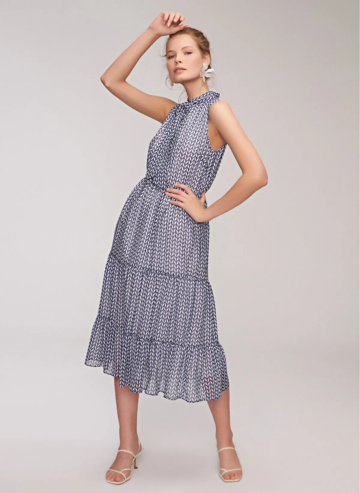 12872 Ecru-Blue Patterned Dress
