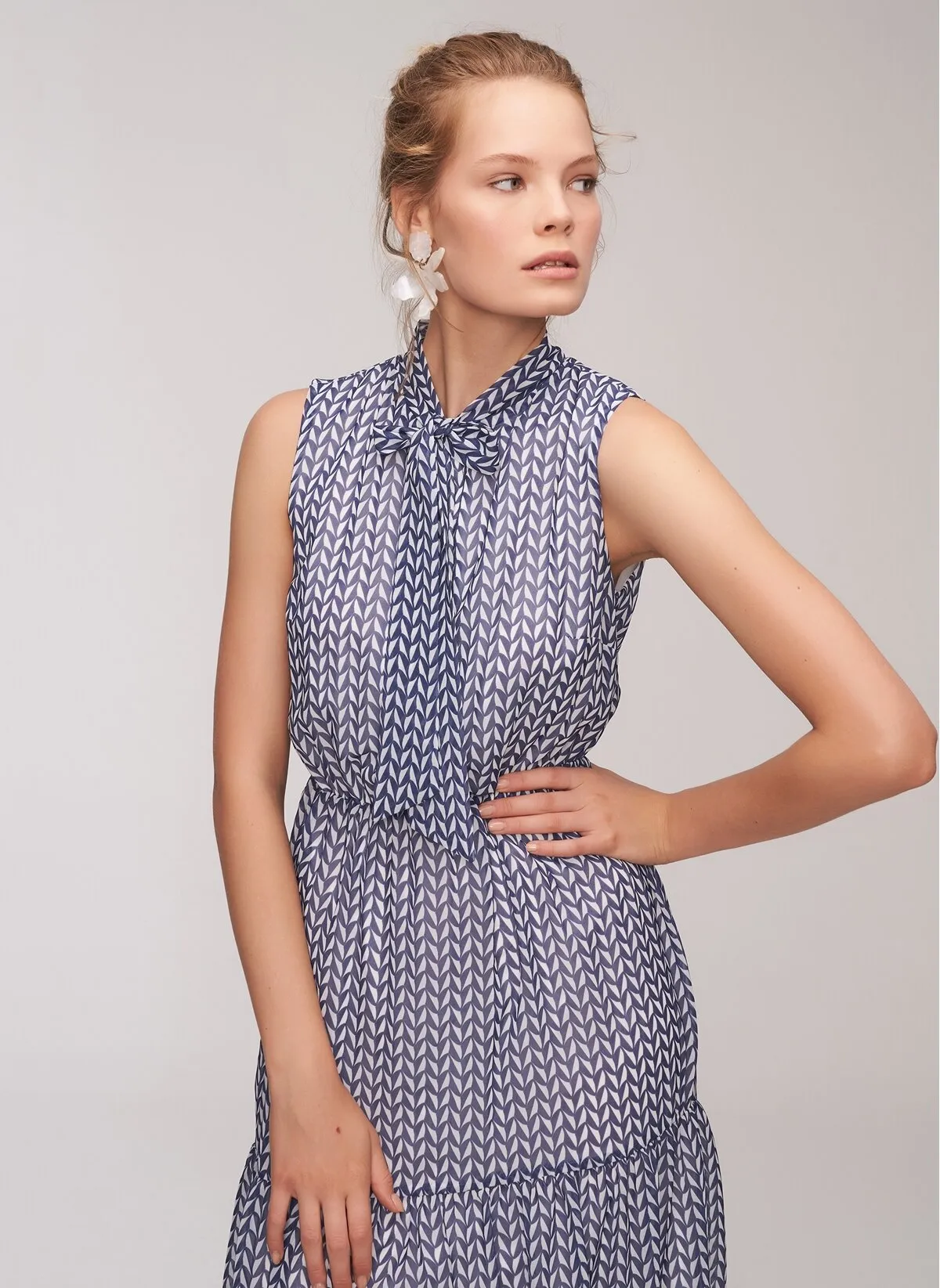 12872 Ecru-Blue Patterned Dress