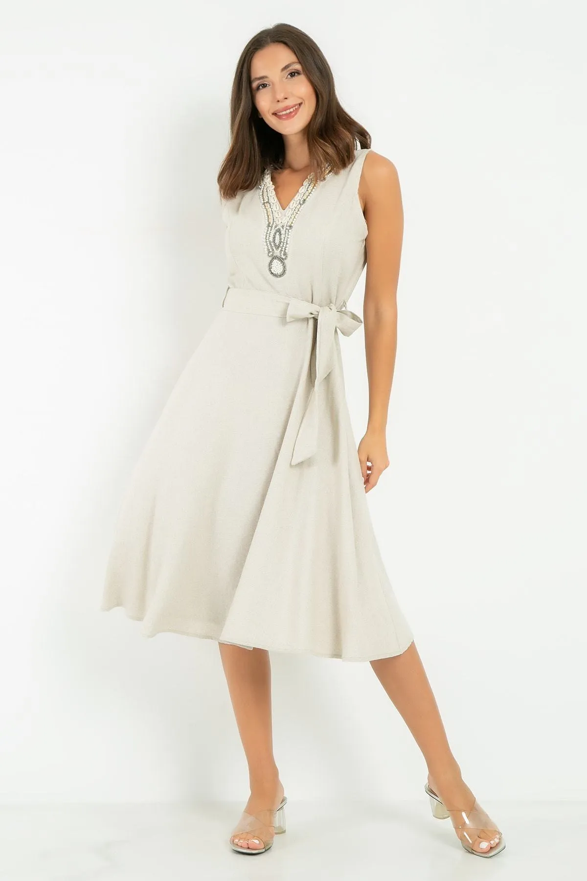 13125 Beige Linen Blend Dress