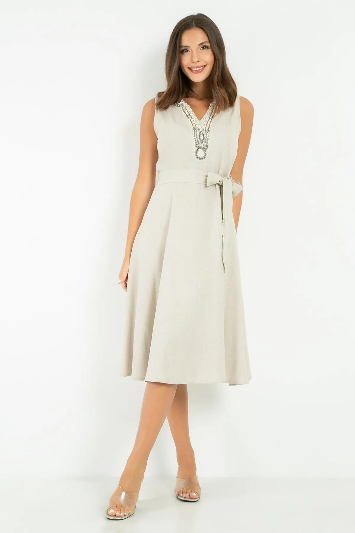 13125 Beige Linen Blend Dress