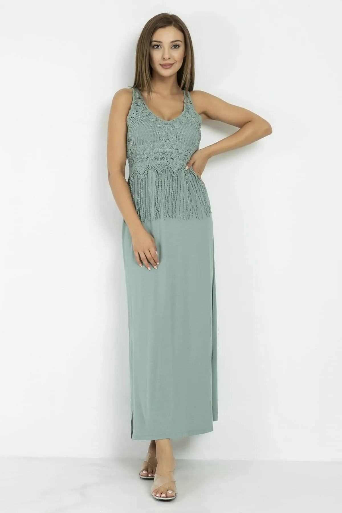 13140 Green Embroidered Lace Maxi Dress