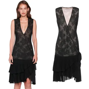 40 NEW $2575 ROBERTO CAVALLI Black STAPELIA LACE Nude Lining WRAP COCKTAIL DRESS