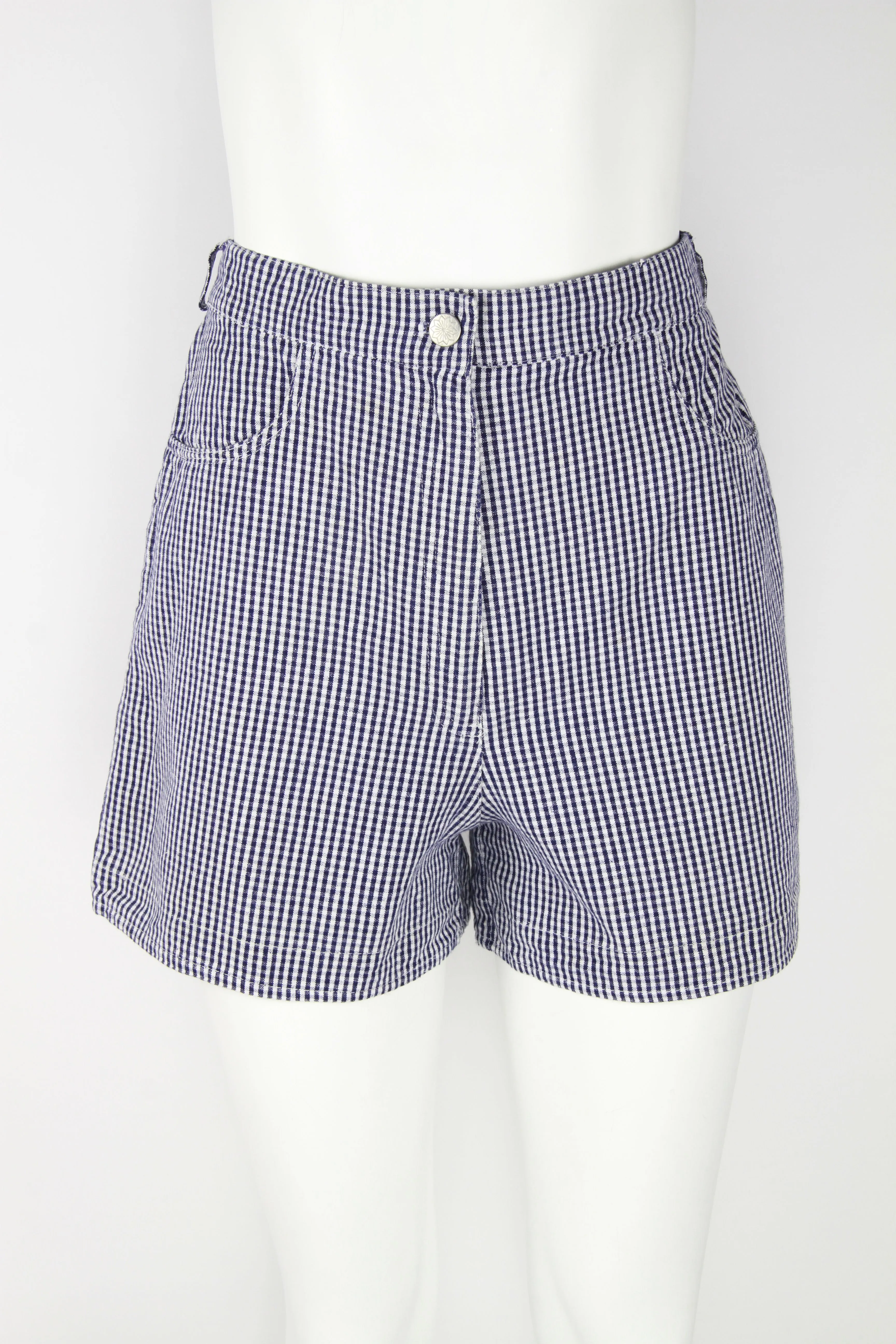 90s blue and white checked denim shorts - S