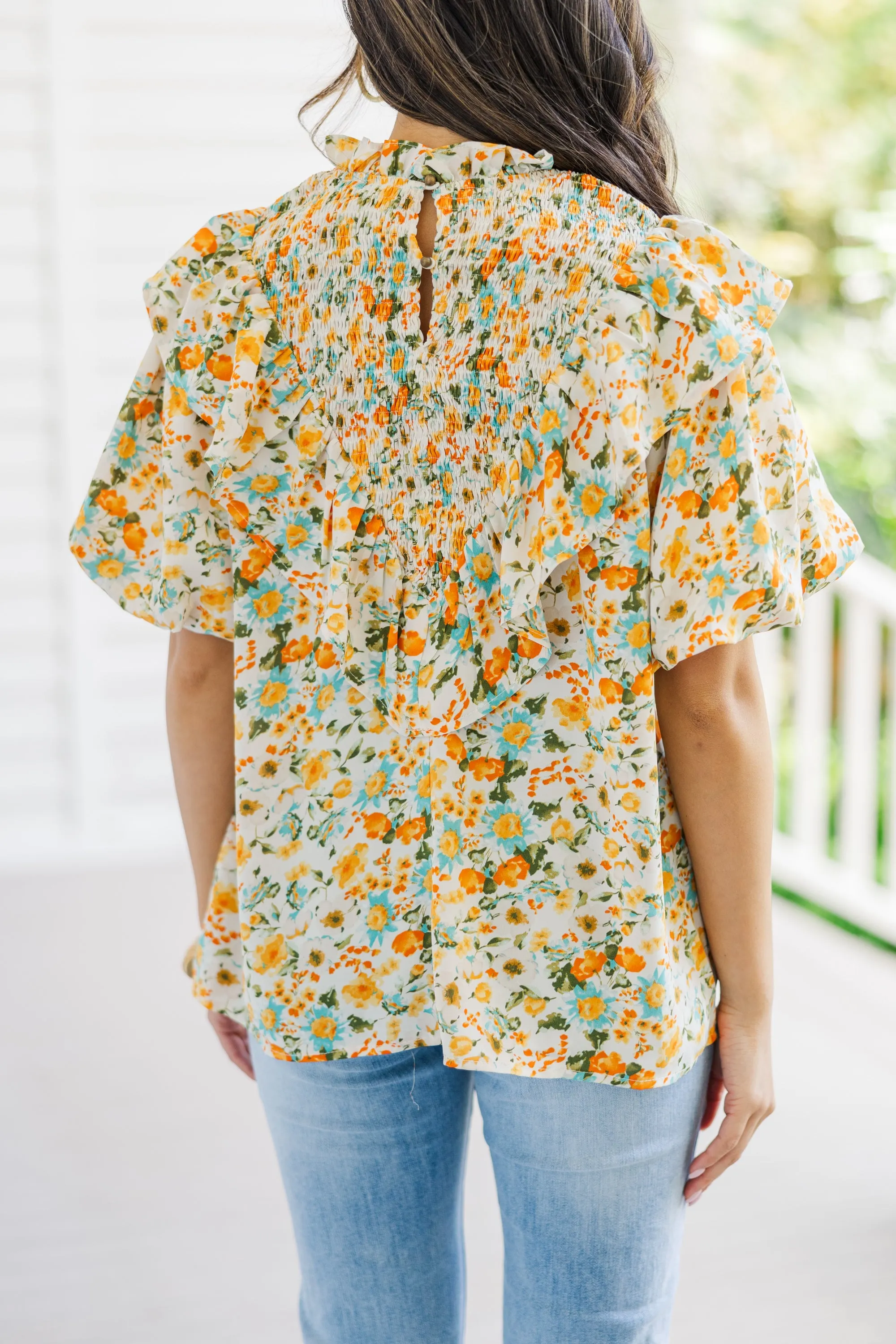 All The Fun Yellow Ditsy Floral Blouse