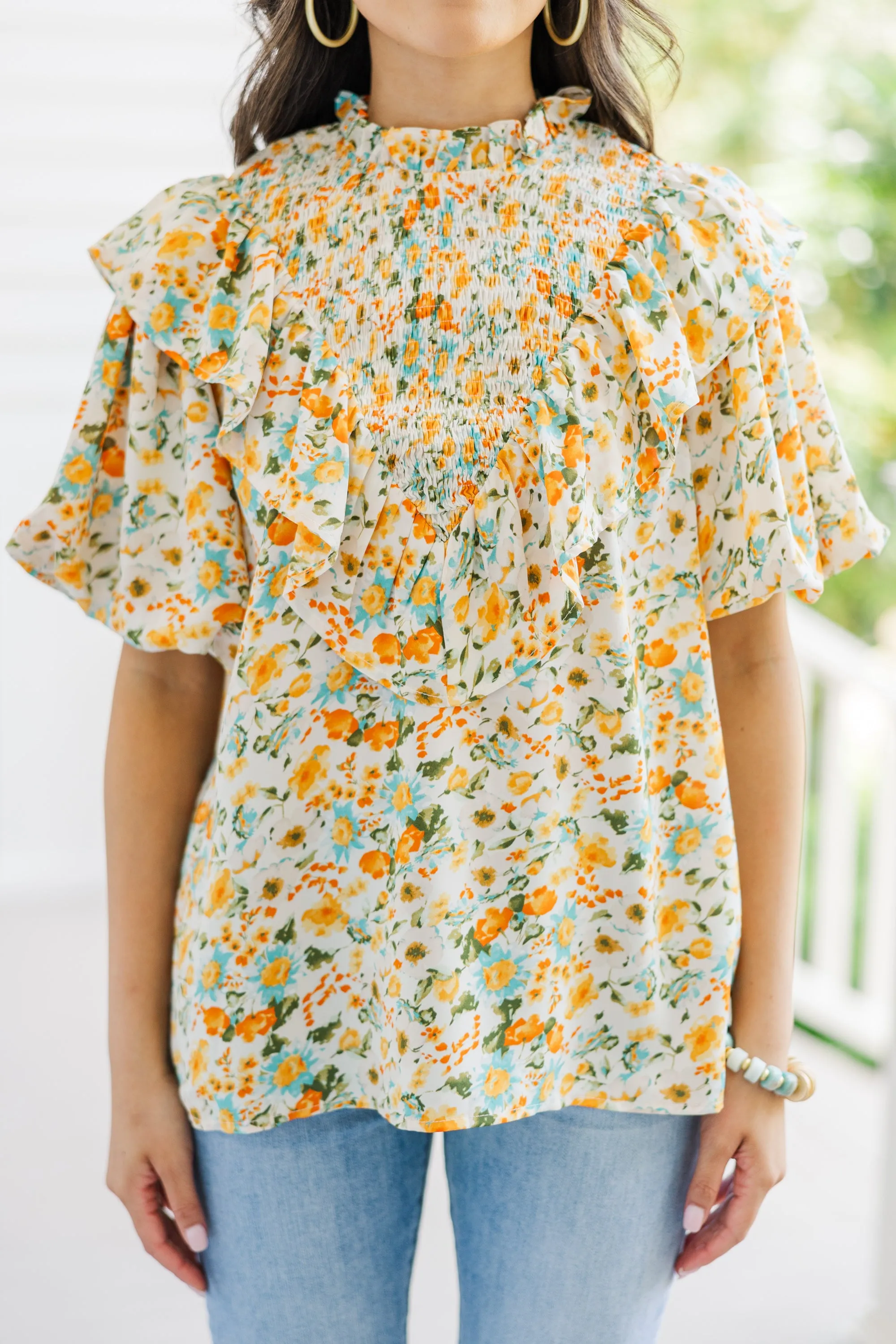 All The Fun Yellow Ditsy Floral Blouse