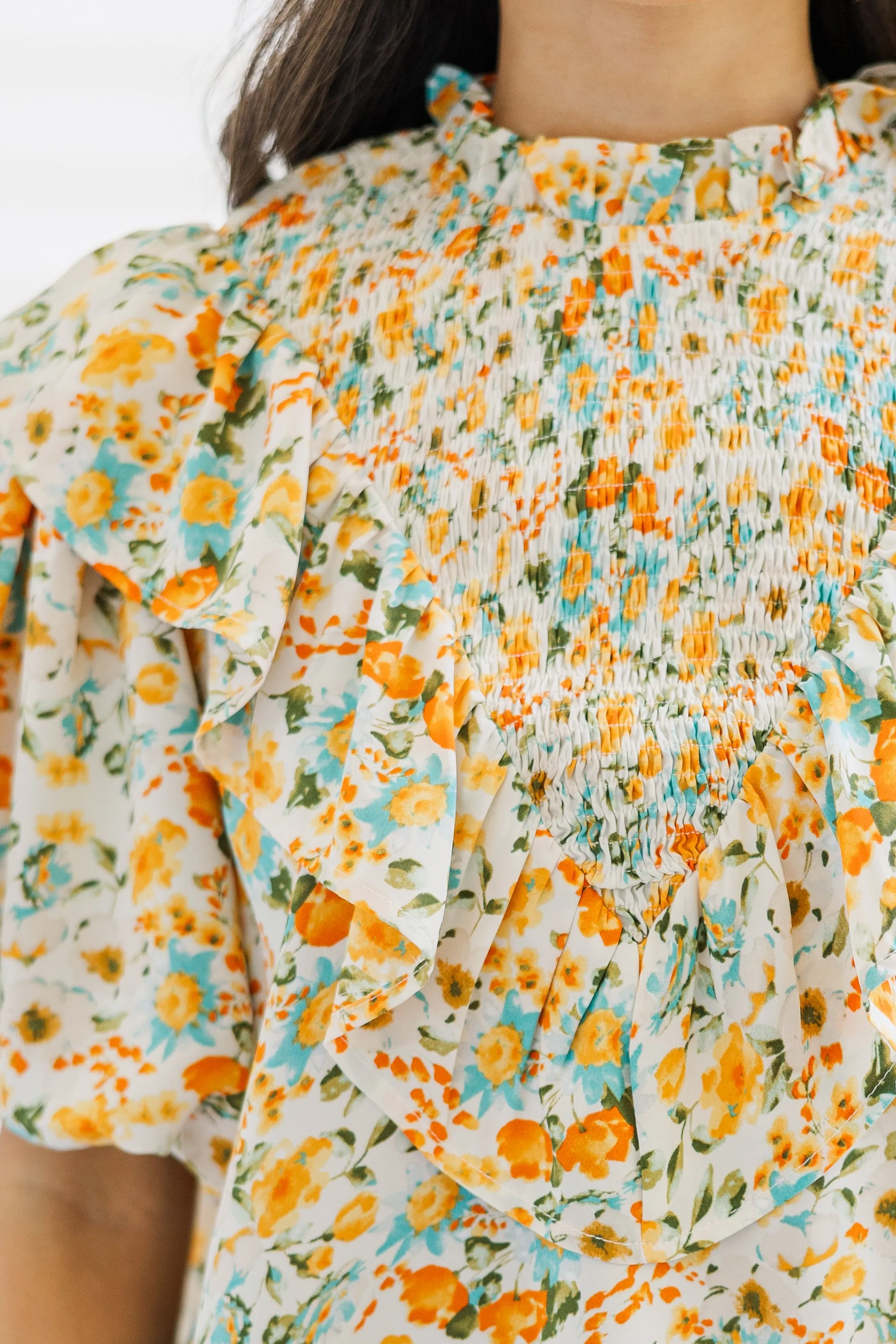 All The Fun Yellow Ditsy Floral Blouse