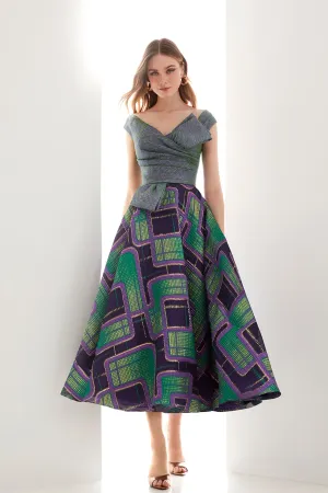 Asymmetrical Bodice A-Line Dress with Printed Lurex