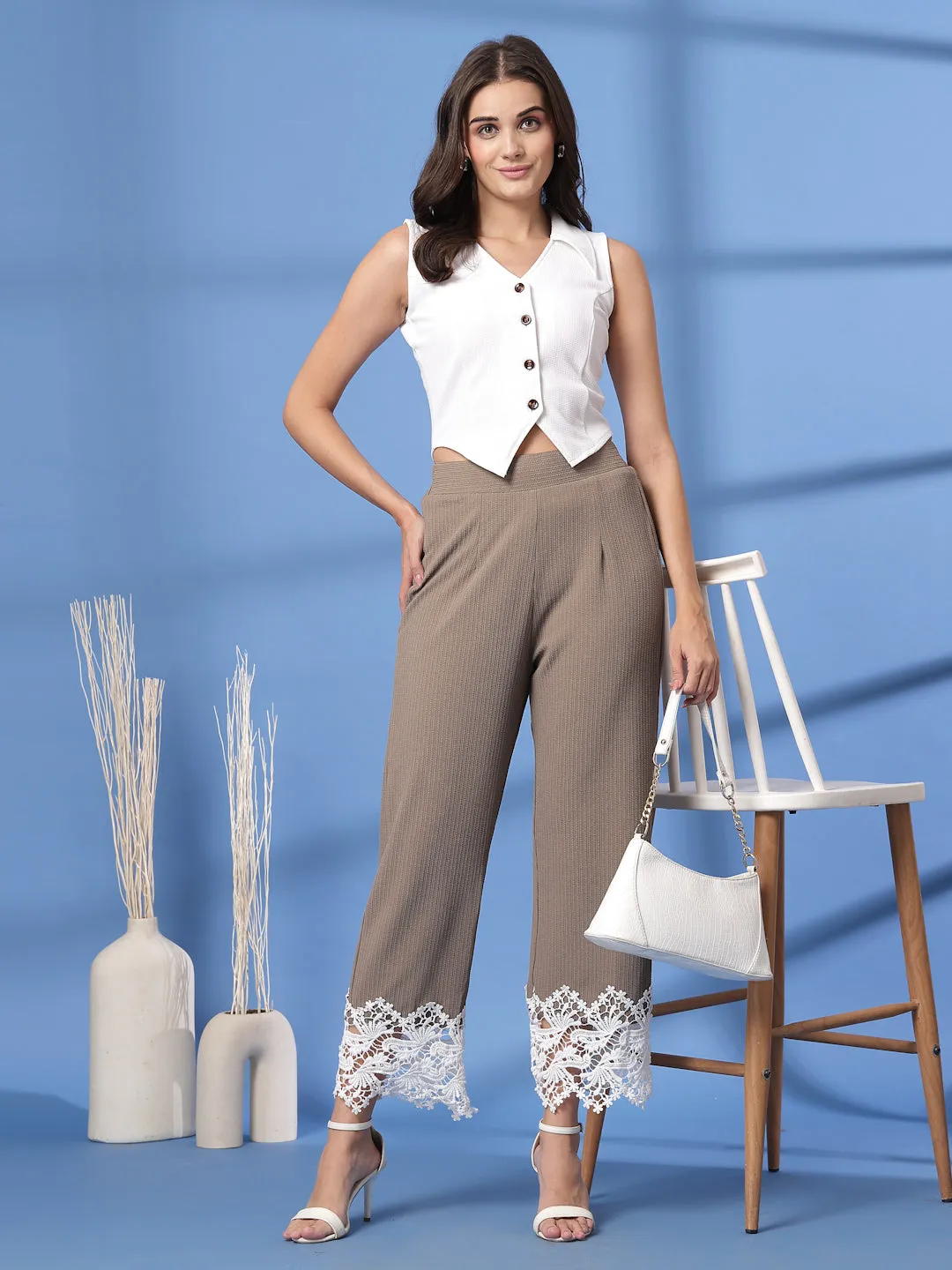 Beige Solid Trousers