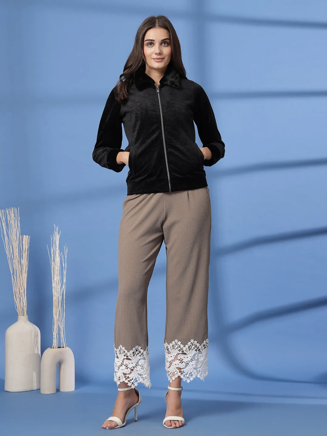 Beige Solid Trousers