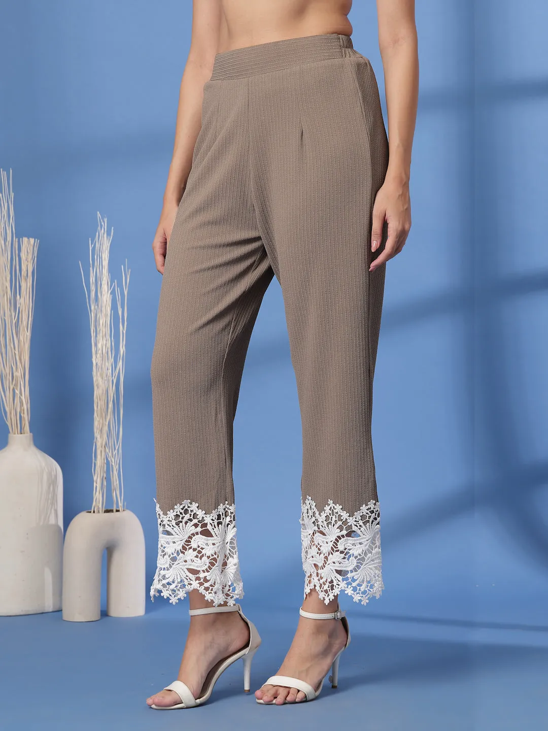 Beige Solid Trousers
