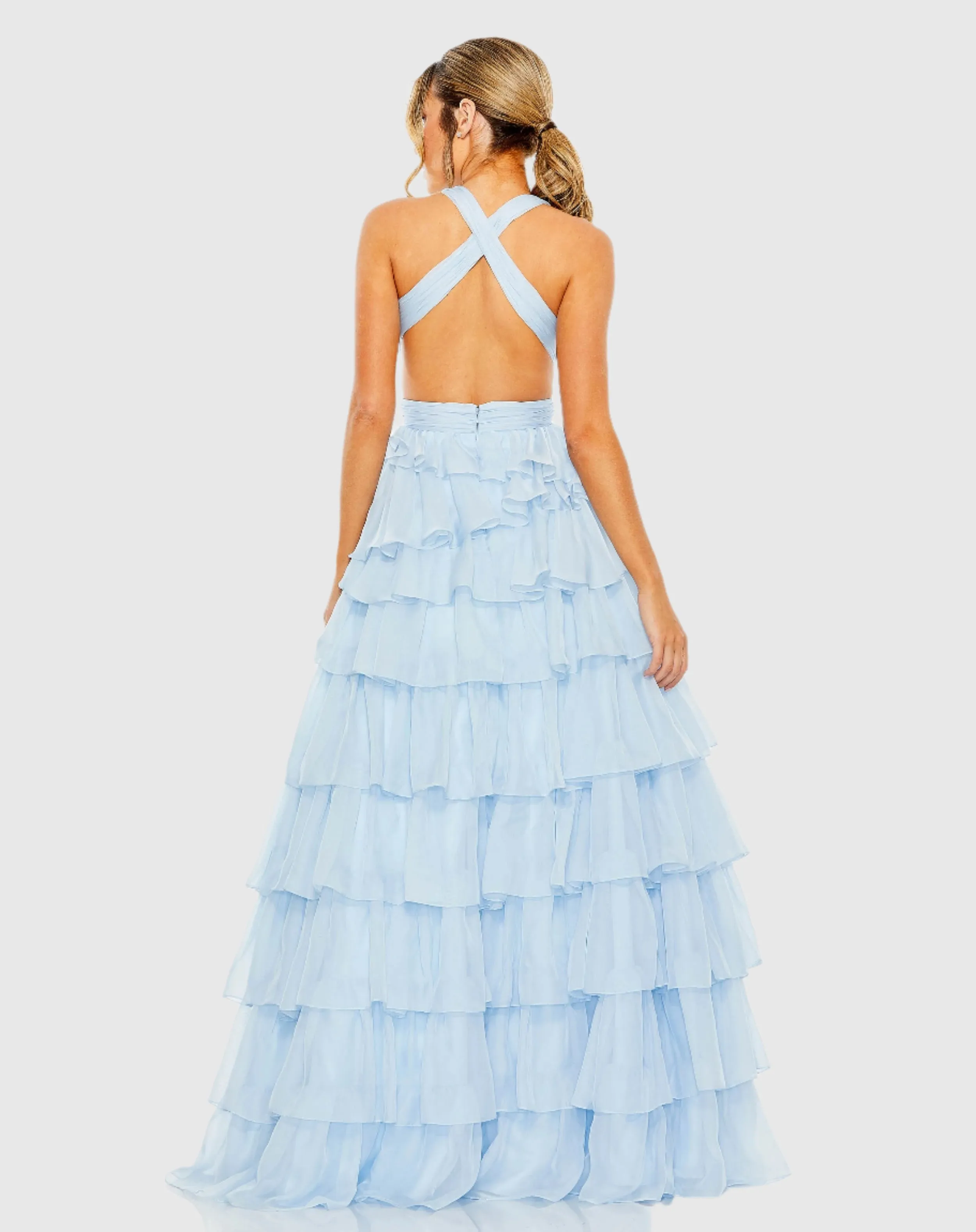 Blue Chiffon Layered Cut Out Ballgown