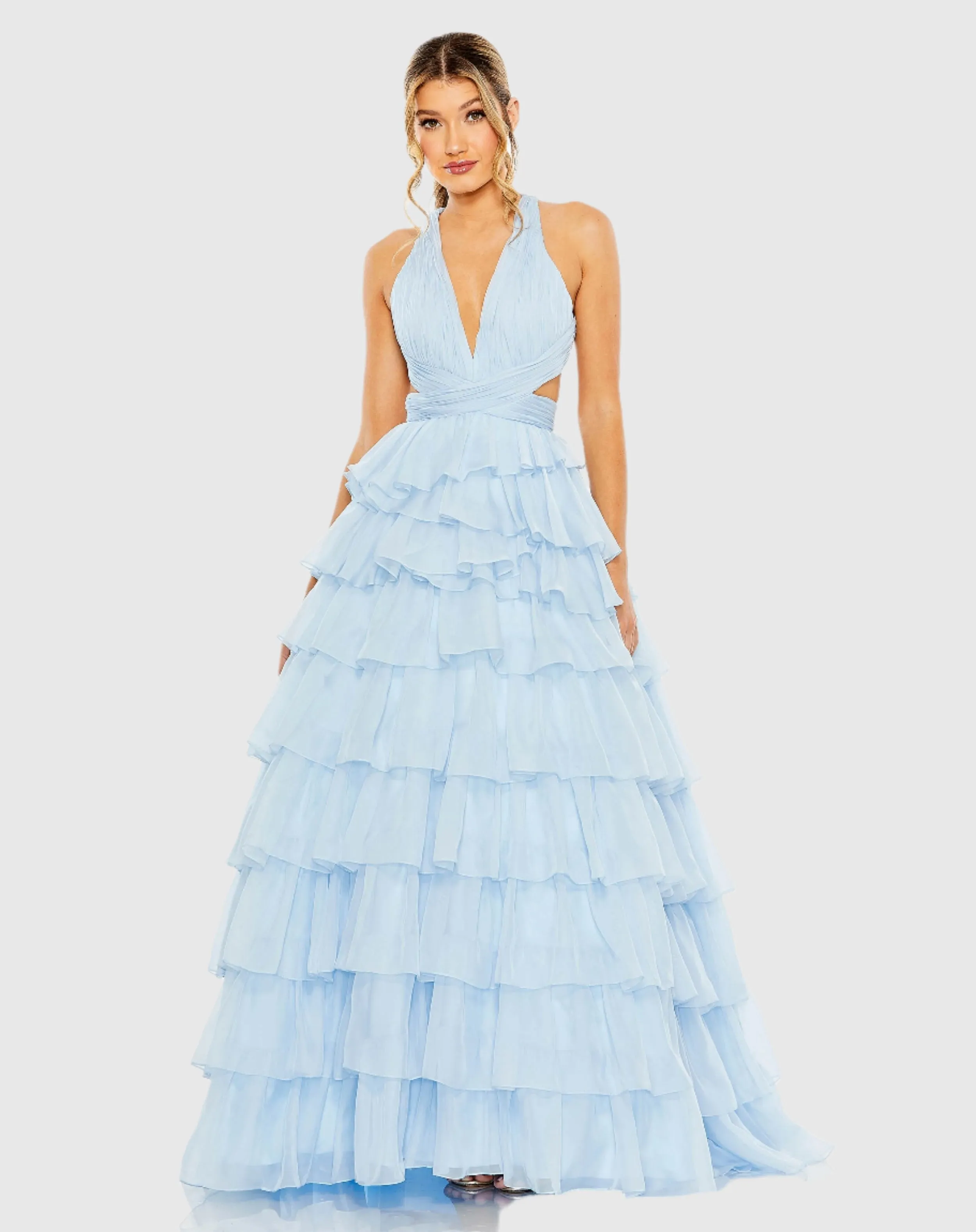 Blue Chiffon Layered Cut Out Ballgown