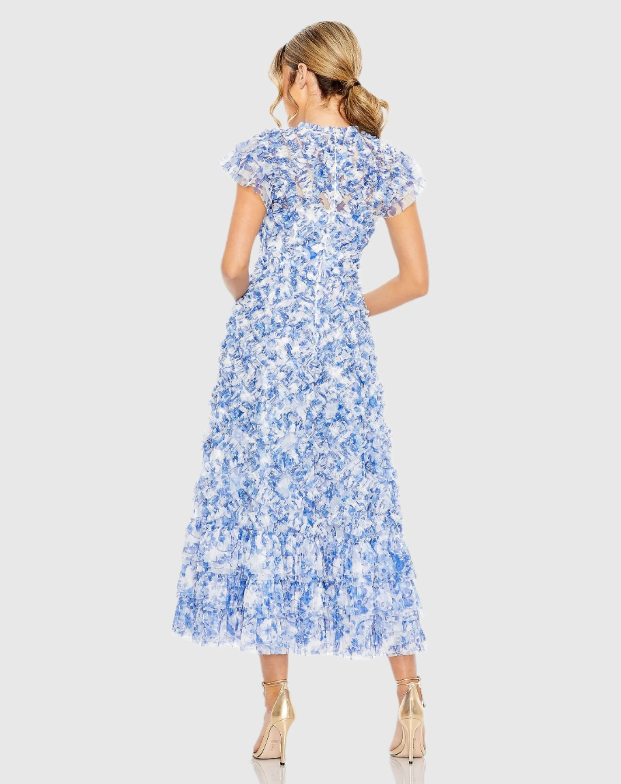 Blue High Neck Ruffle Cap Sleeve Floral Dress