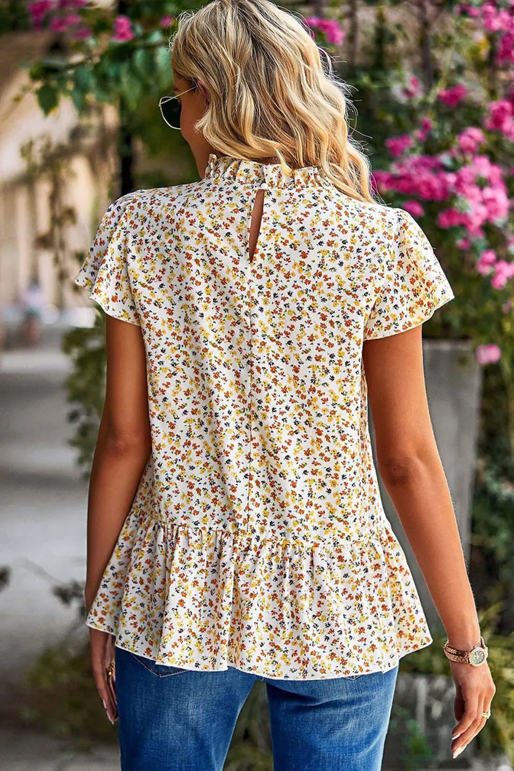 Boho Chic Beige Floral Ruffle Trim Short Sleeve Top