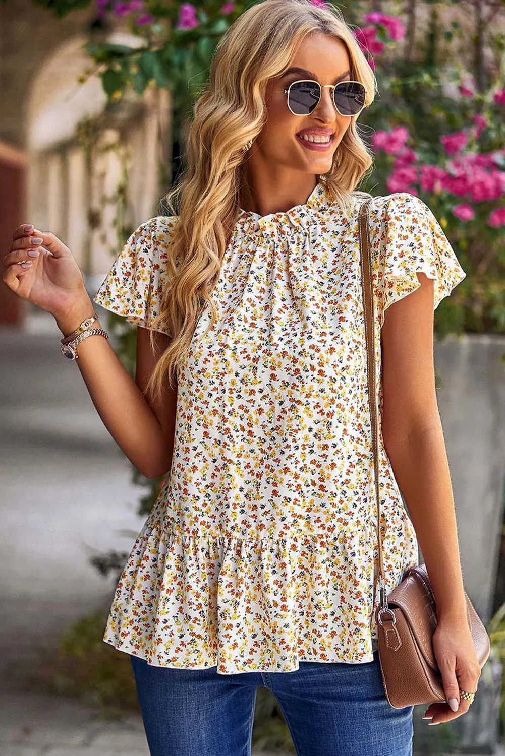 Boho Chic Beige Floral Ruffle Trim Short Sleeve Top