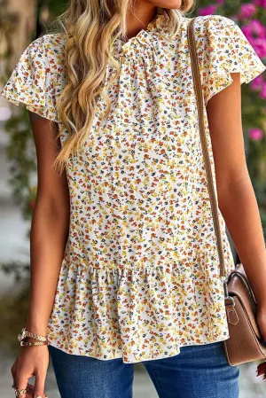 Boho Chic Beige Floral Ruffle Trim Short Sleeve Top