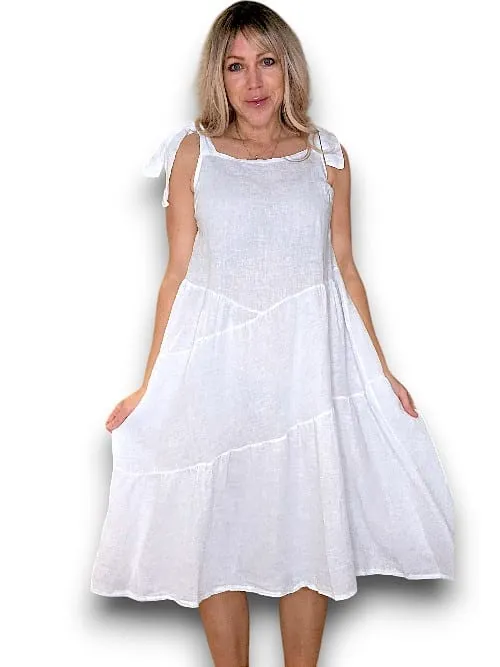 BOW TIE LINEN SUMMER DRESS WHITE