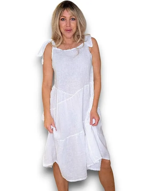 BOW TIE LINEN SUMMER DRESS WHITE