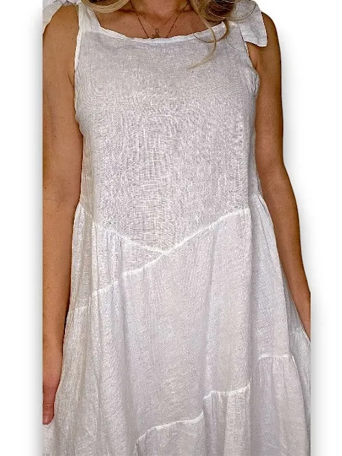 BOW TIE LINEN SUMMER DRESS WHITE