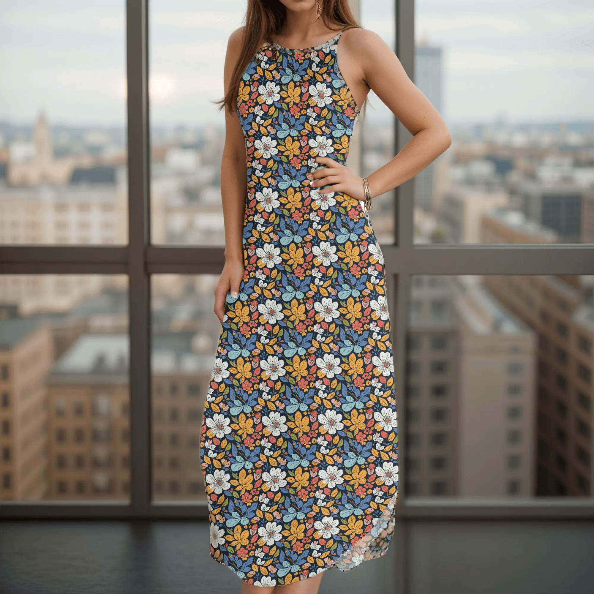 Bright Flowers Womens Elegant Sleeveless Evening Dress