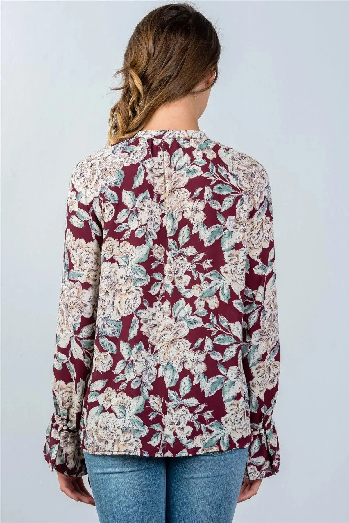 Burgundy Floral Print Front Keyhole Top / 2-2-2