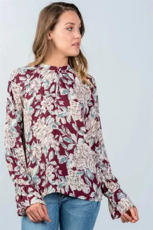 Burgundy Floral Print Front Keyhole Top / 2-2-2