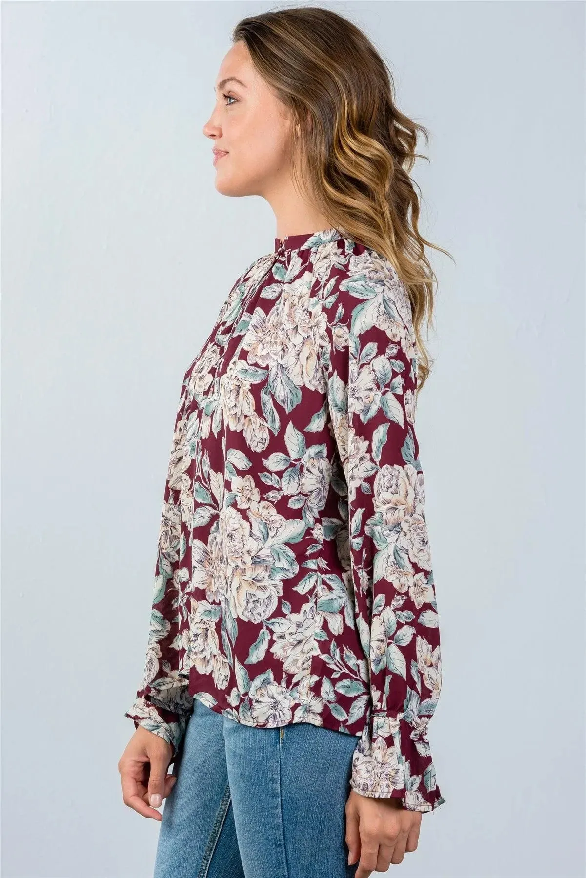 Burgundy Floral Print Front Keyhole Top / 2-2-2