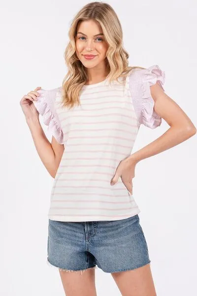 Ces Femme Contrast Striped Ruffled Cap Sleeve Blouse