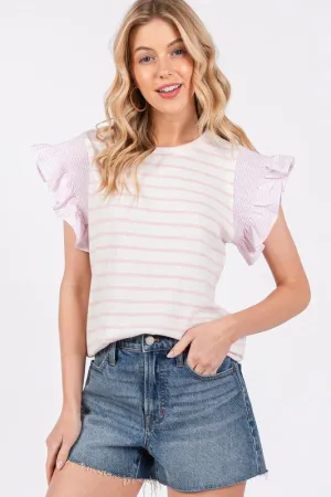 Ces Femme Contrast Striped Ruffled Cap Sleeve Blouse