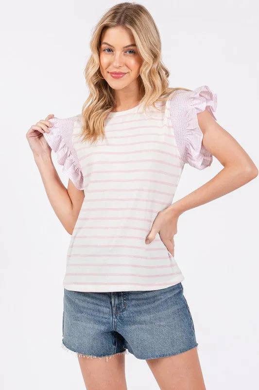 Ces Femme Contrast Striped Ruffled Cap Sleeve Blouse