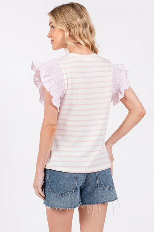Ces Femme Contrast Striped Ruffled Cap Sleeve Blouse