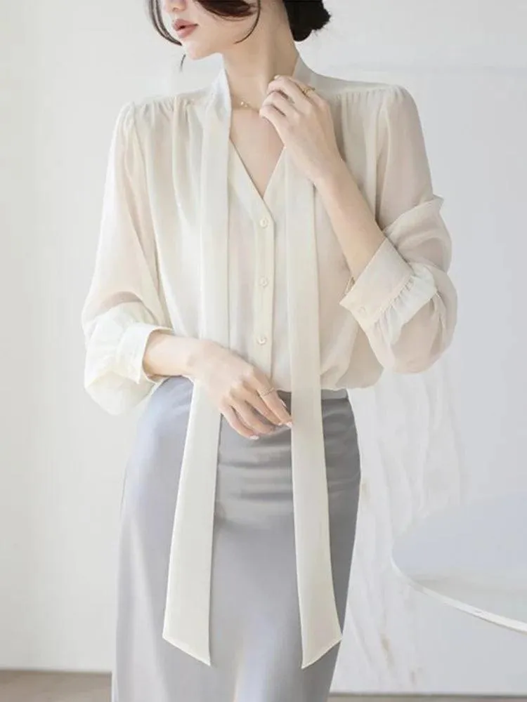 Chic Korean Chiffon Lace-Up Blouse with Puff Sleeves and V-Neck for Women