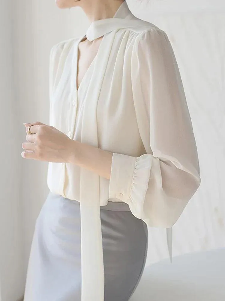 Chic Korean Chiffon Lace-Up Blouse with Puff Sleeves and V-Neck for Women