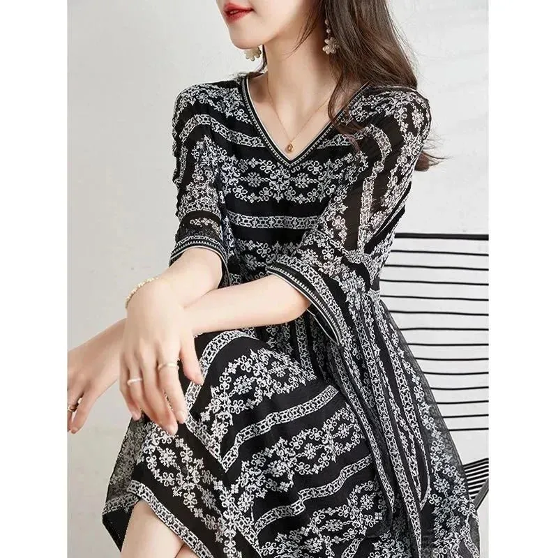 Chiffon Print V-neck Fashion Women Clothing Party Vestido Dress