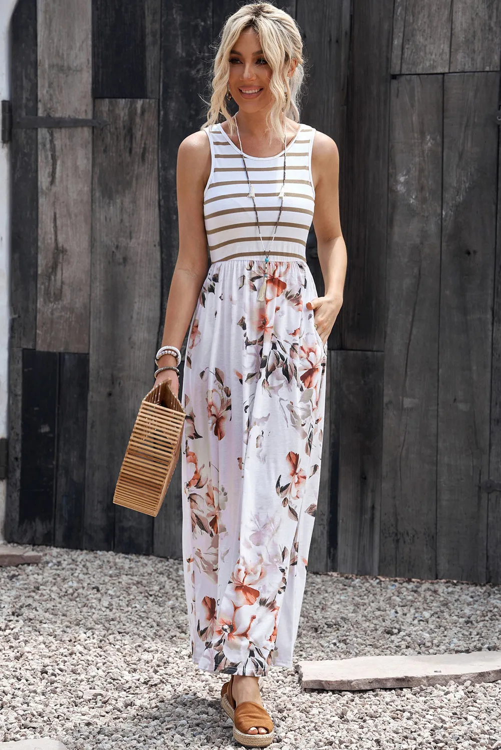 Come And Go Striped Floral Maxi Dress