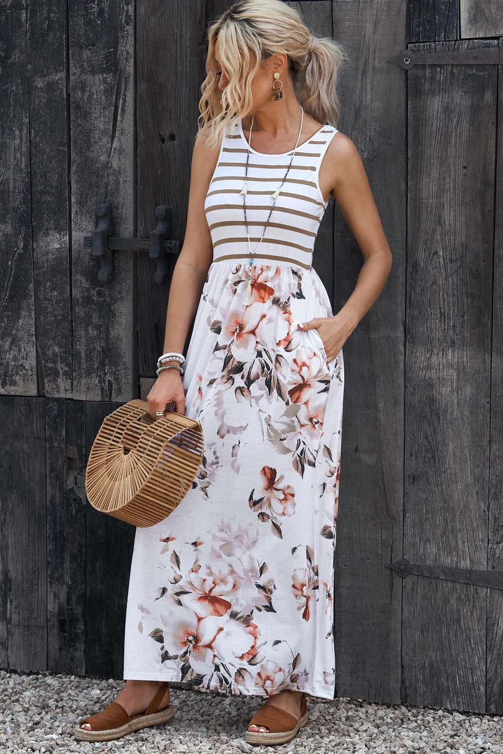 Come And Go Striped Floral Maxi Dress