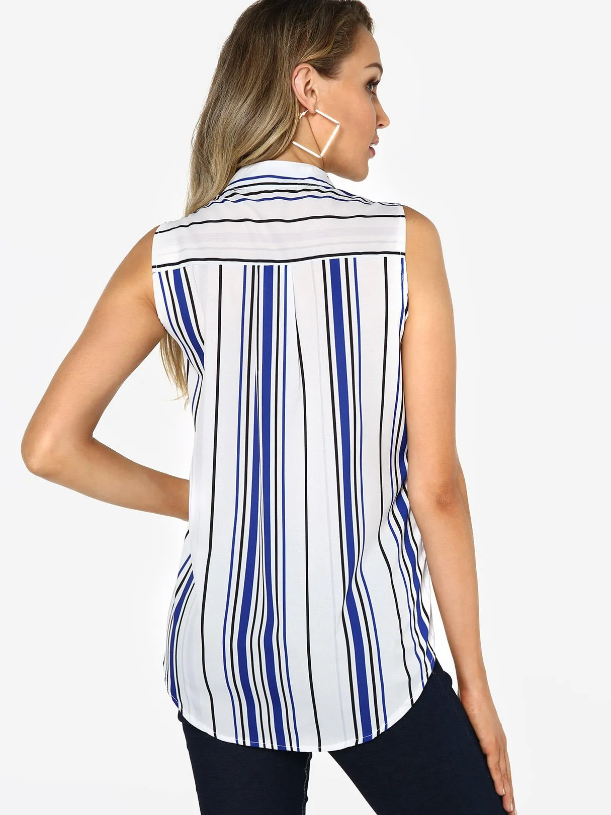 Custom V-Neck Lapel Collar Stripe Sleeveless Curved Hem Blue Camis