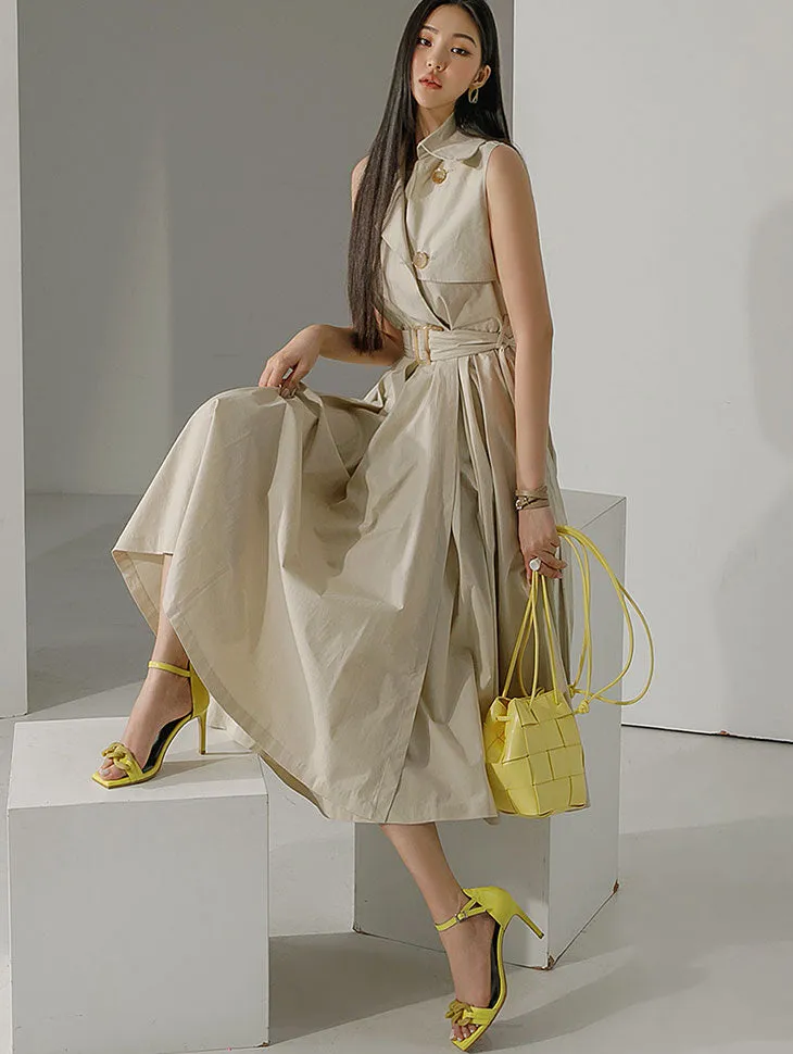 D3867 Sleeveless Trench Midi Dress (Belt set)