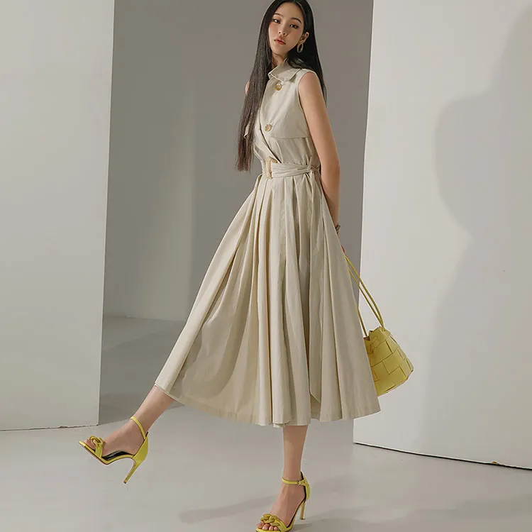 D3867 Sleeveless Trench Midi Dress (Belt set)