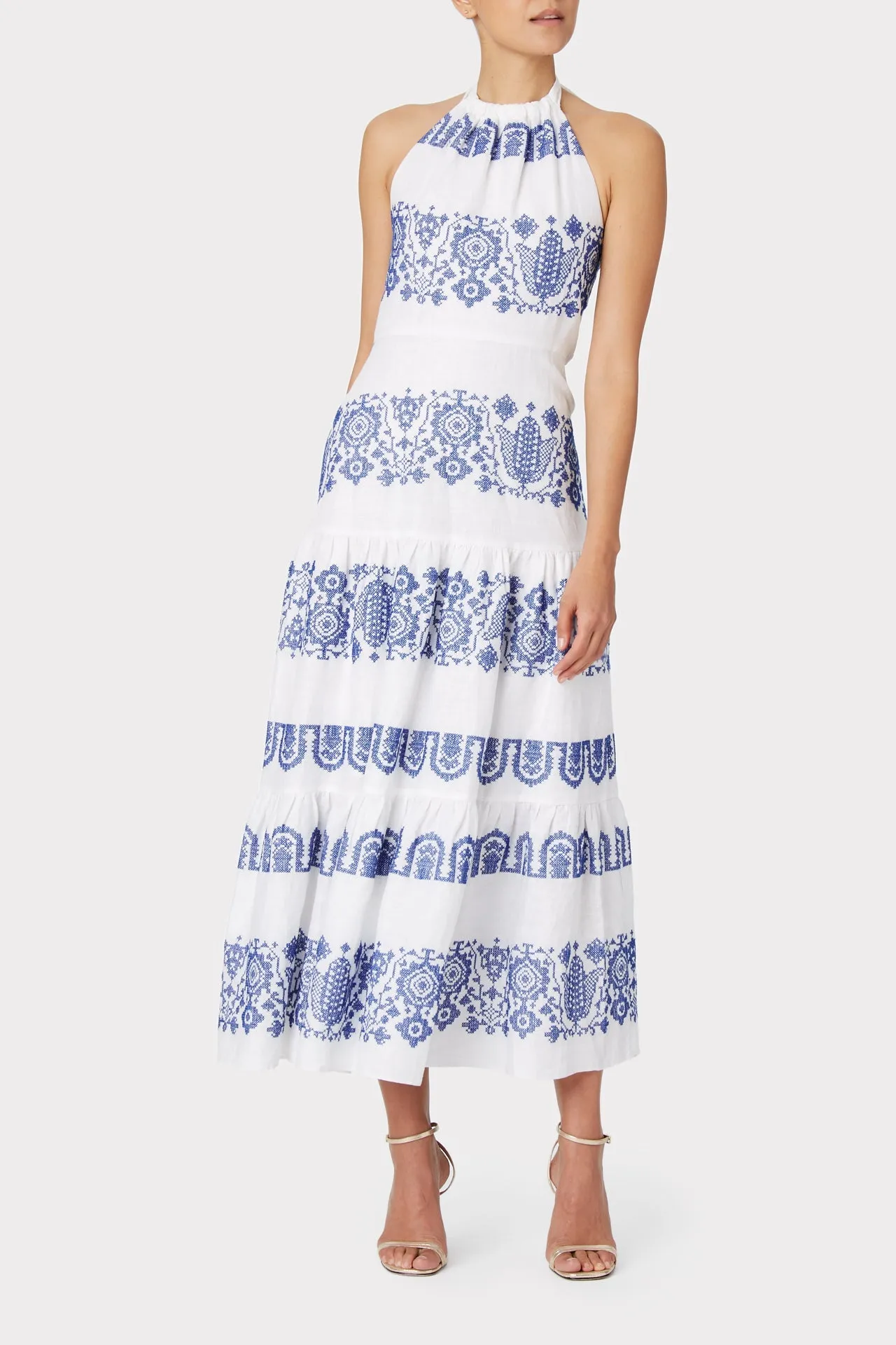 Dea Crosstitch Linen Embroidered Tiered Maxi