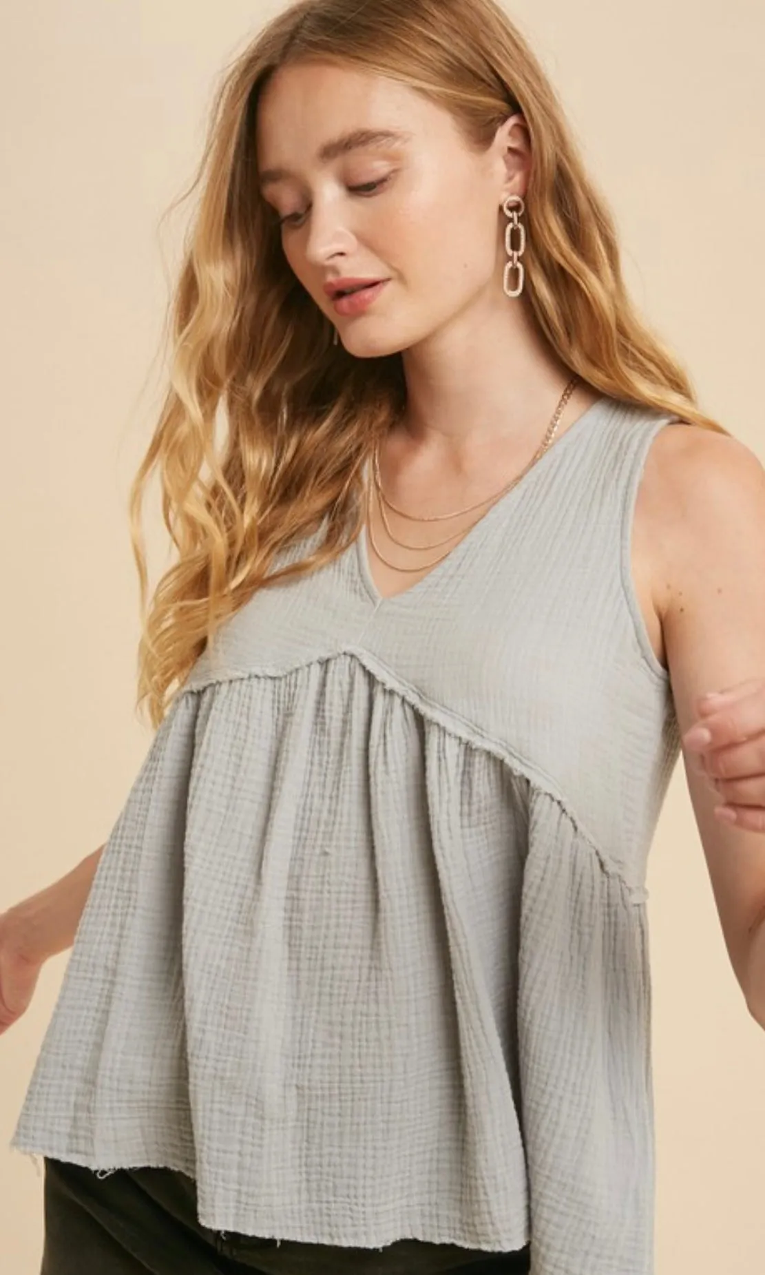 Dorothy Chambray Sleeveless Cotton Gauze Babydoll Blouse