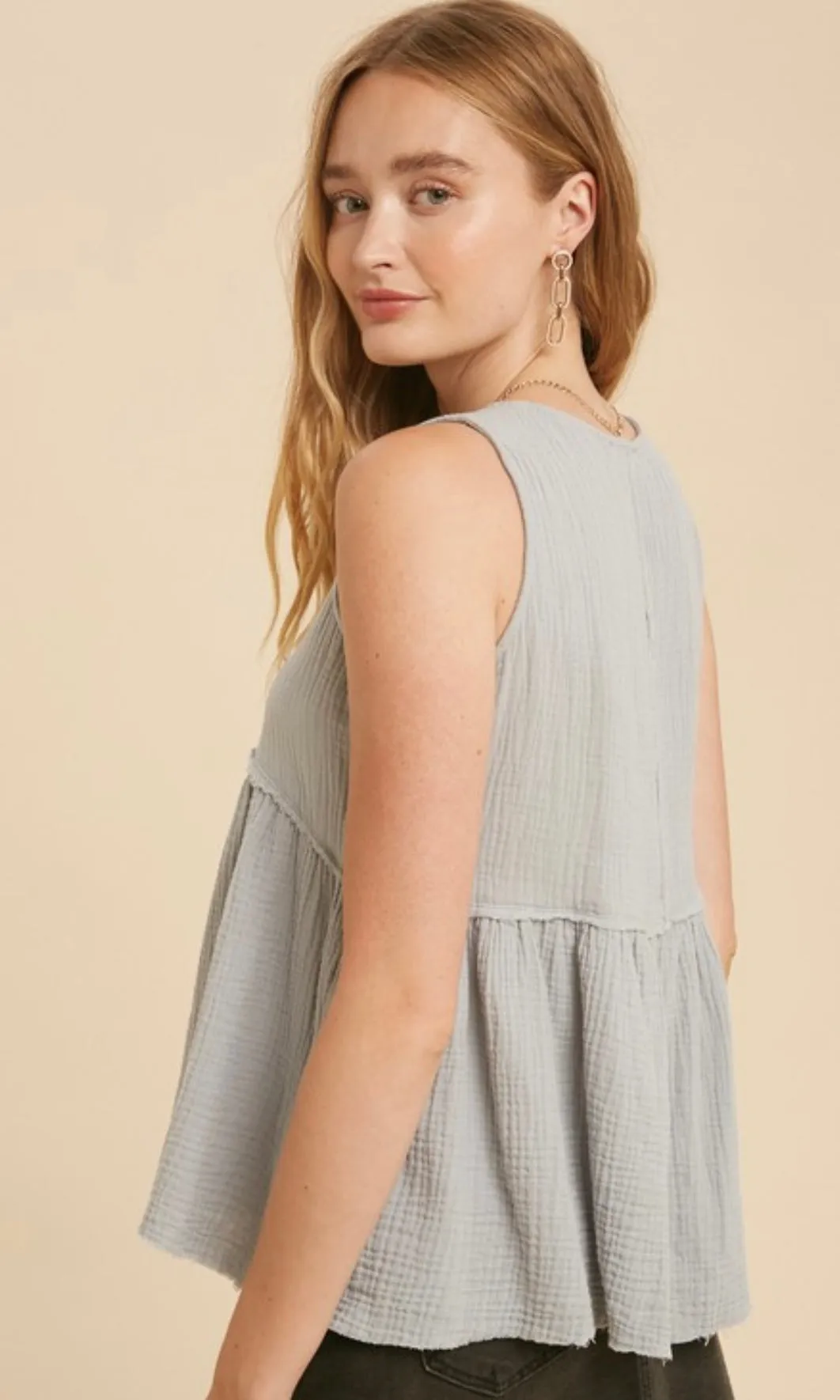 Dorothy Chambray Sleeveless Cotton Gauze Babydoll Blouse