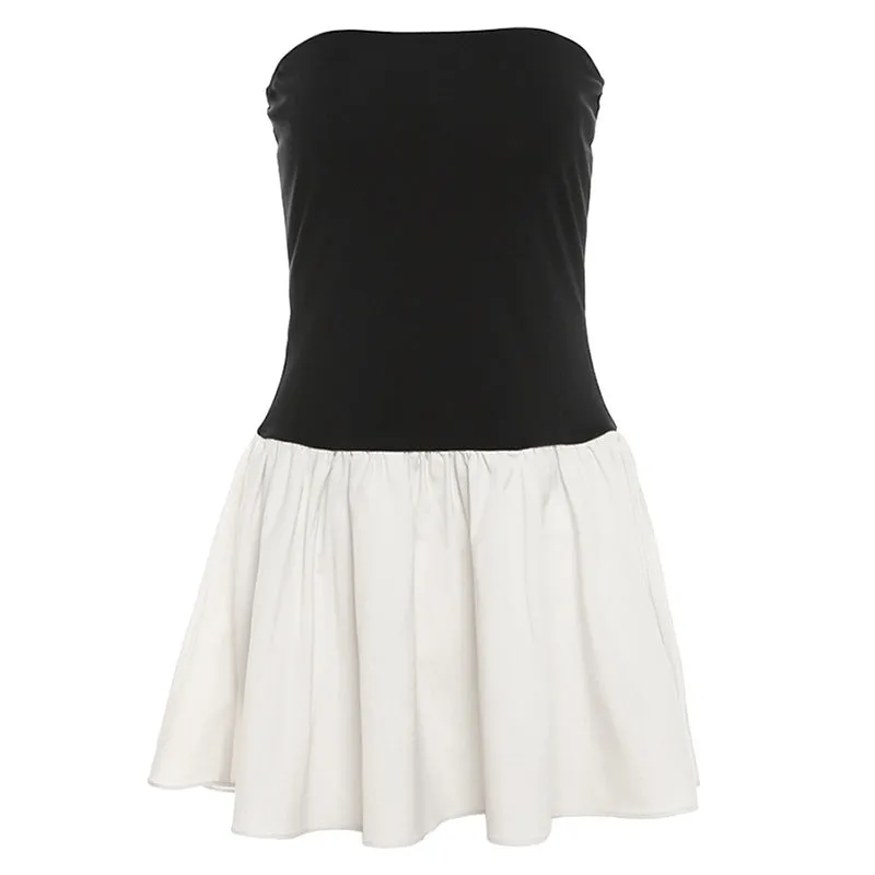 Fashionable Color Block Pleated Bodycon Dress with Bandeau Neckline