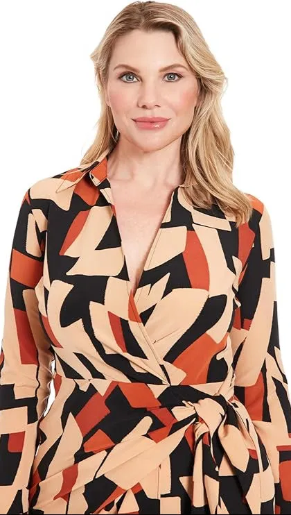 Faux Wrap Side Tie LS Midi Dress Black / Caramel
