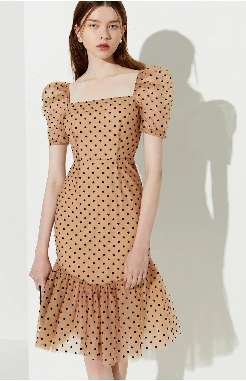 FINAL SALE New wave polka dot puff sleeve French square neck fishtail dress - Carly