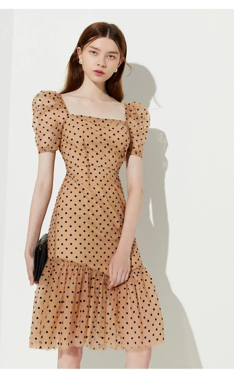 FINAL SALE New wave polka dot puff sleeve French square neck fishtail dress - Carly