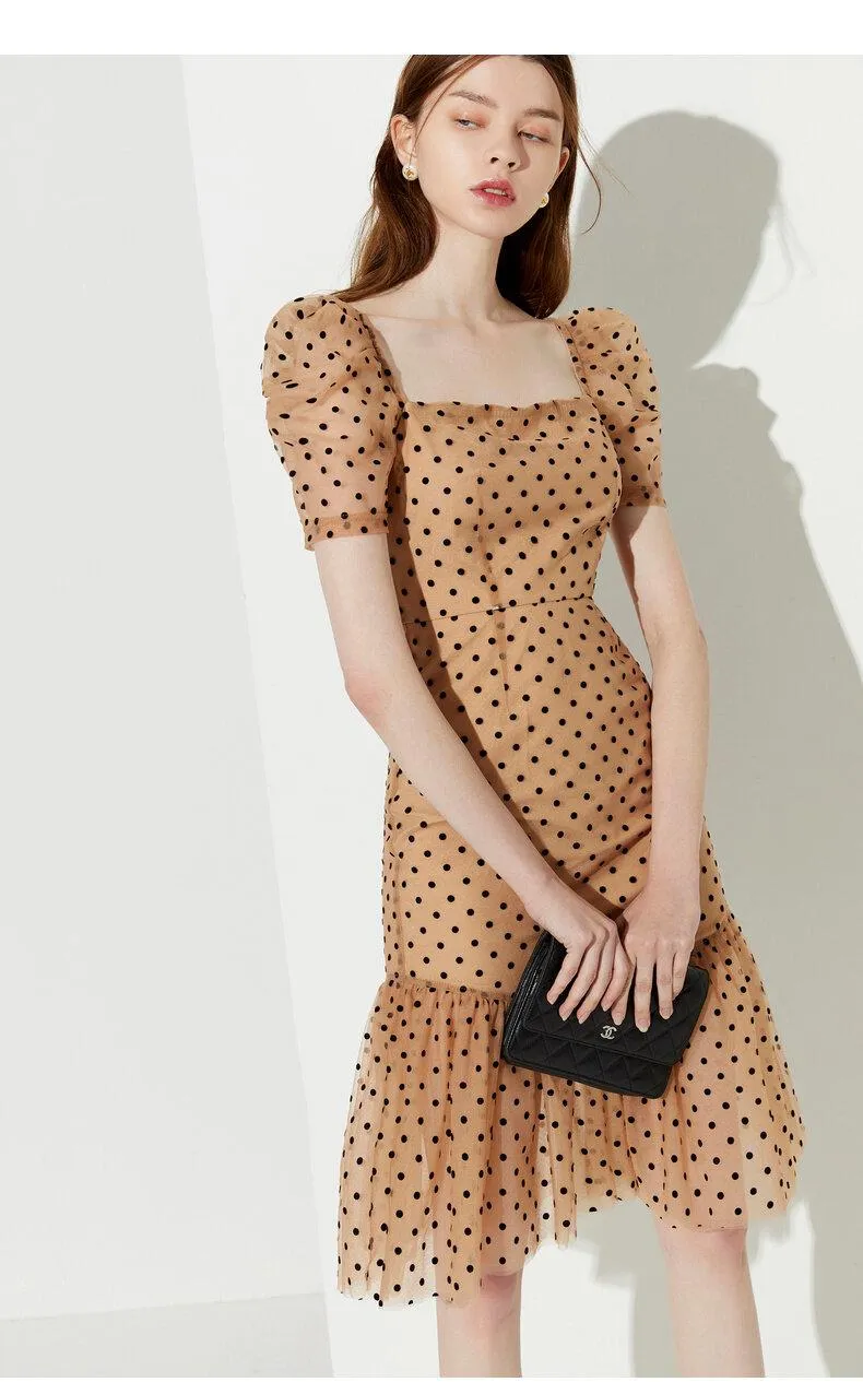 FINAL SALE New wave polka dot puff sleeve French square neck fishtail dress - Carly